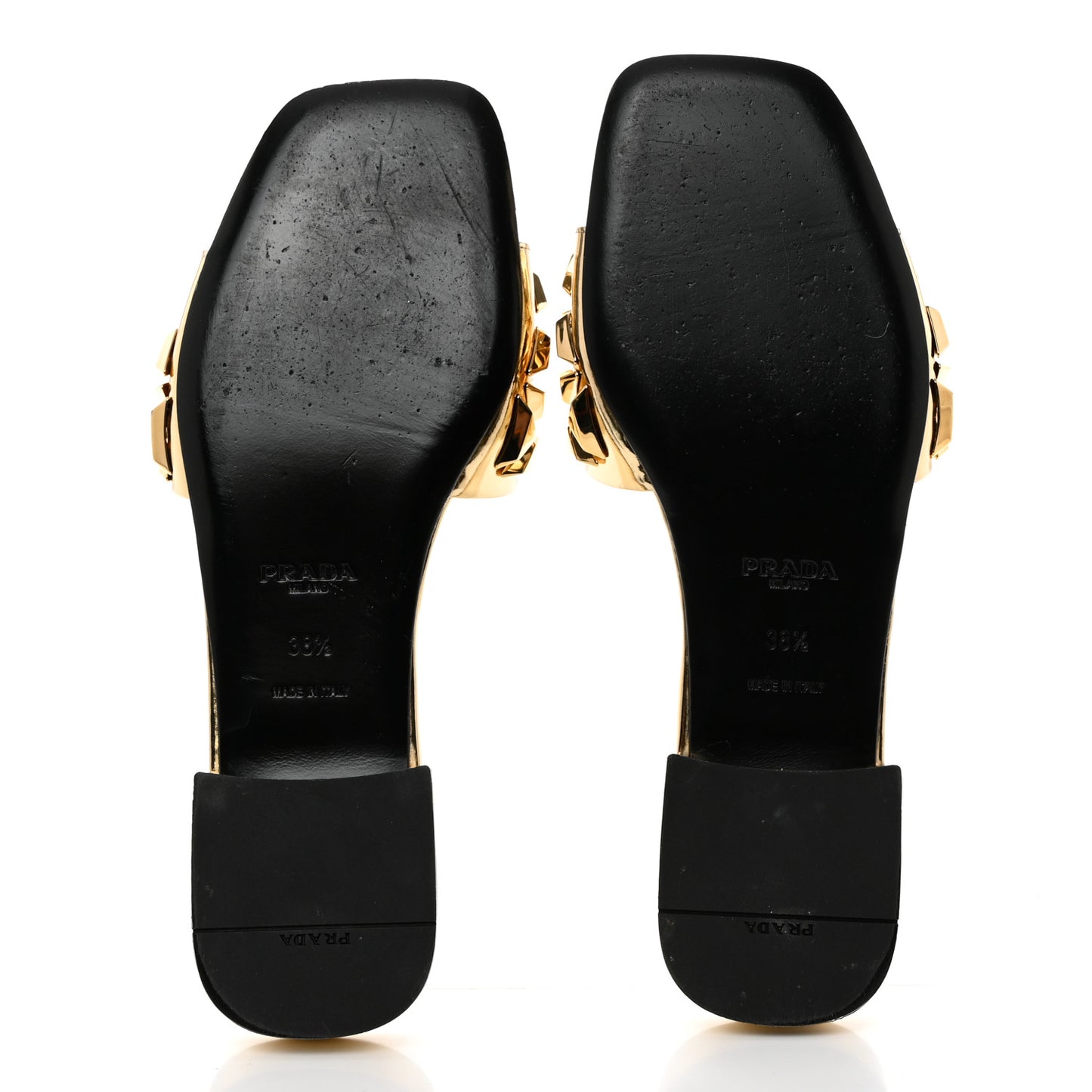 Metallic Calfskin Metal Studded Triangle Logo 10mm Slide Sandals 38.5 Platino