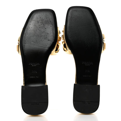 Prada Metallic Calfskin Metal Studded Triangle Logo 10mm Slide Sandals 38.5 Platino 5 of 7