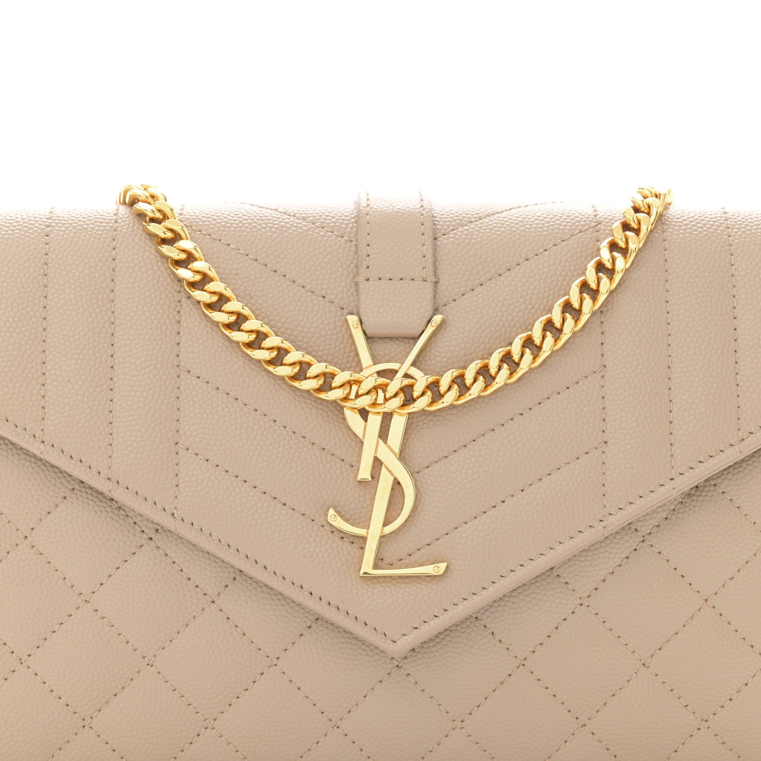 Saint Laurent Grain De Poudre Mixed Matelasse Triquilt Monogram Chain Wallet Dark Beige 6 of 9