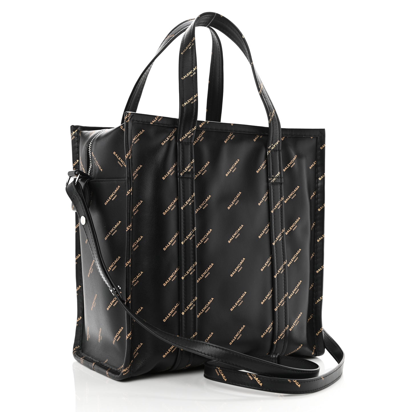 Calfskin Allover Logo Small Bazar Shopper Tote Black Gold