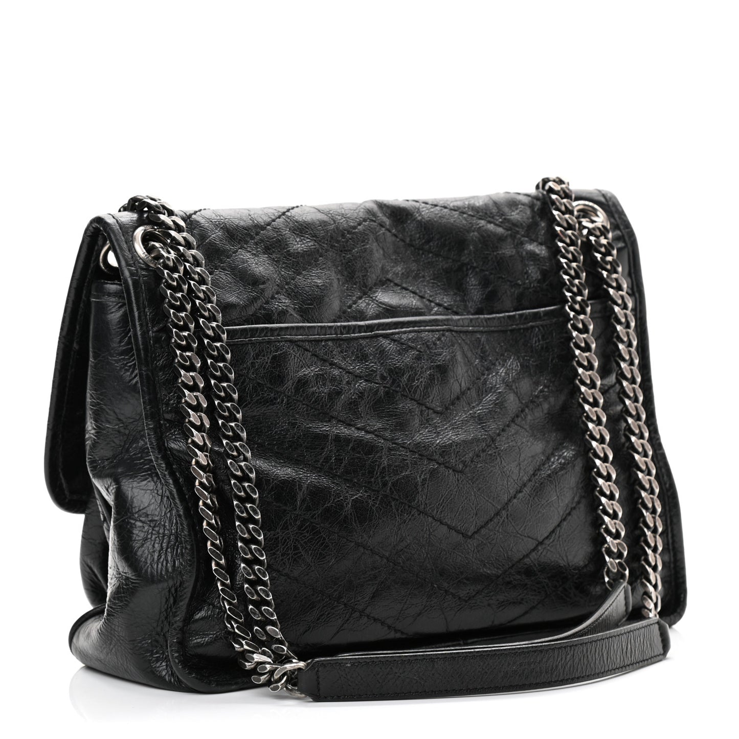 Crinkled Calfskin Matelasse Monogram Medium Niki Chain Satchel Black