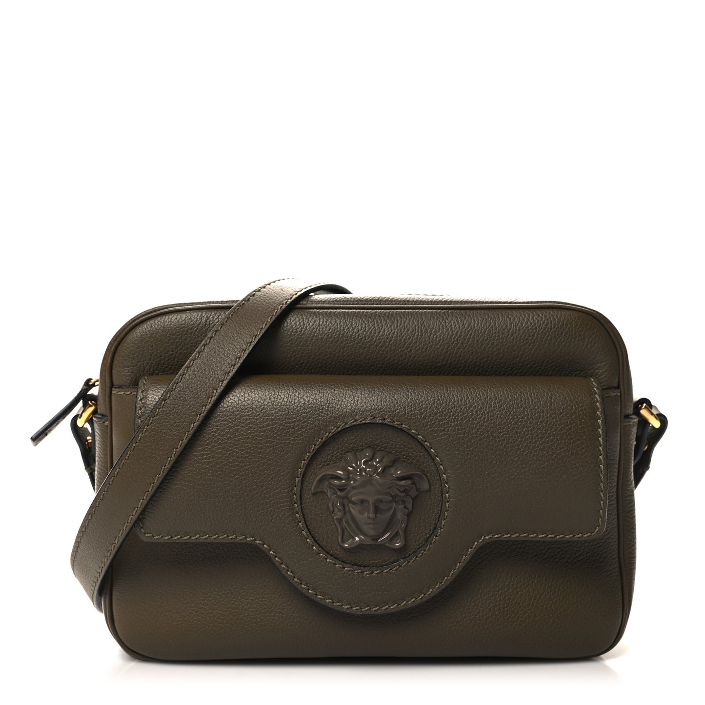 Grained Calfskin Medusa Camera Bag Khaki