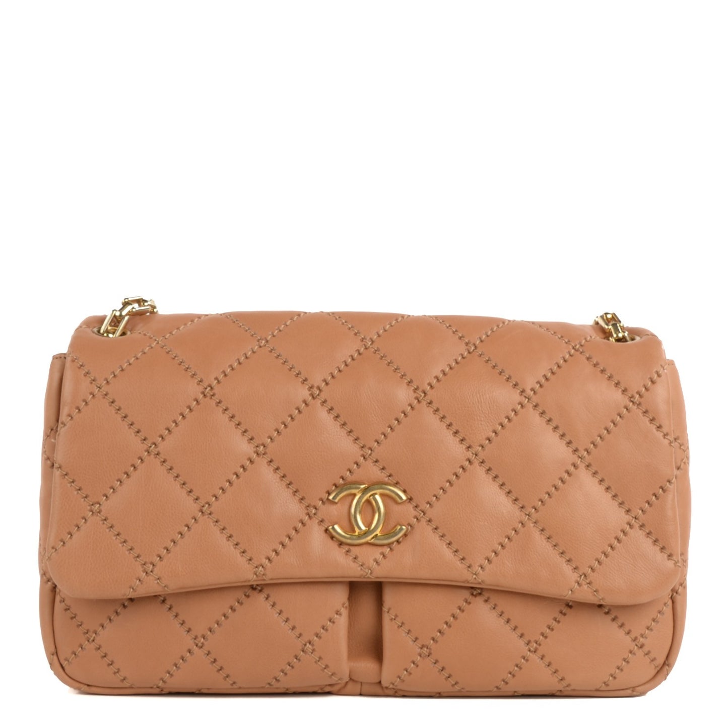 Calfskin Quilted Large Retro Chain Flap Beige