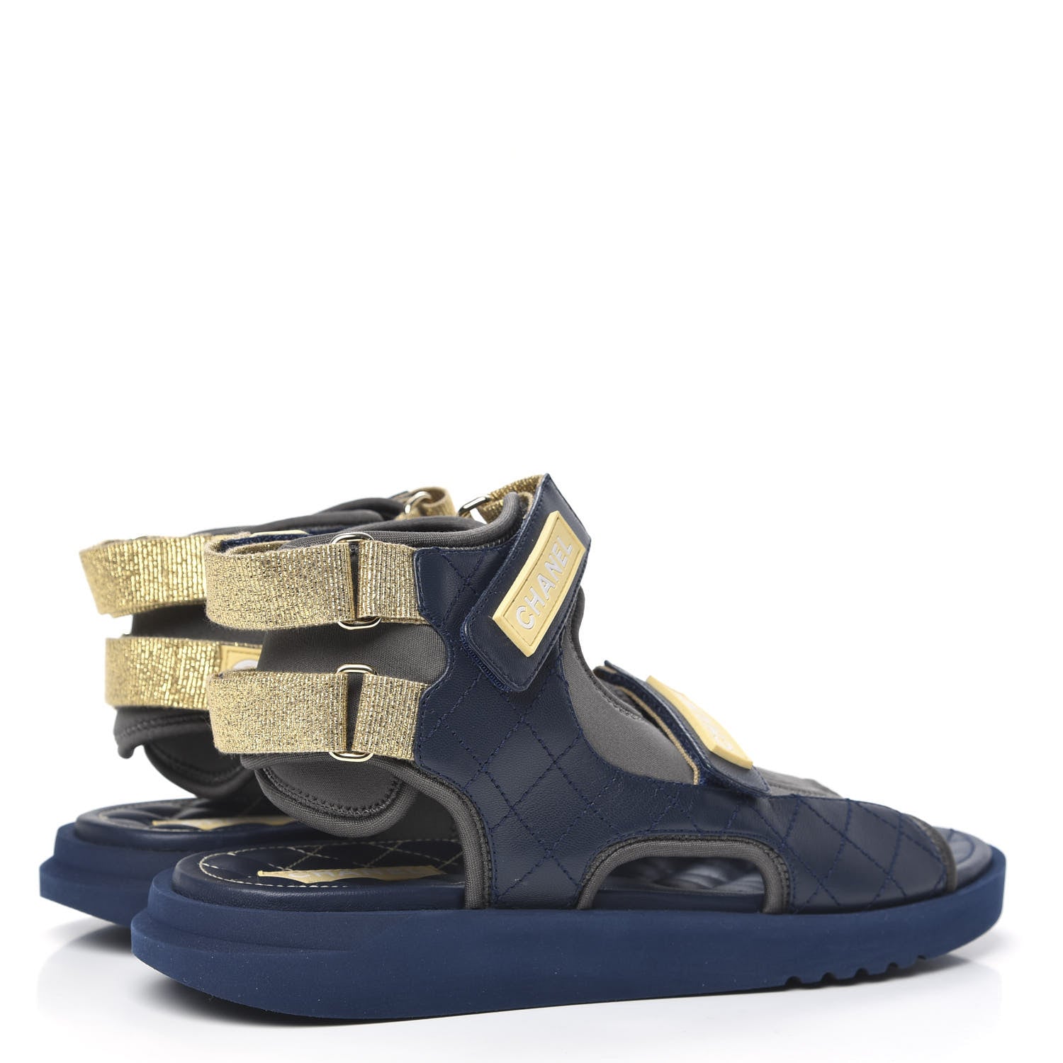 Chanel Goatskin Fabric Gladiator Sandals 41.5 Navy Blue Light Grey Yellow 4 of 9