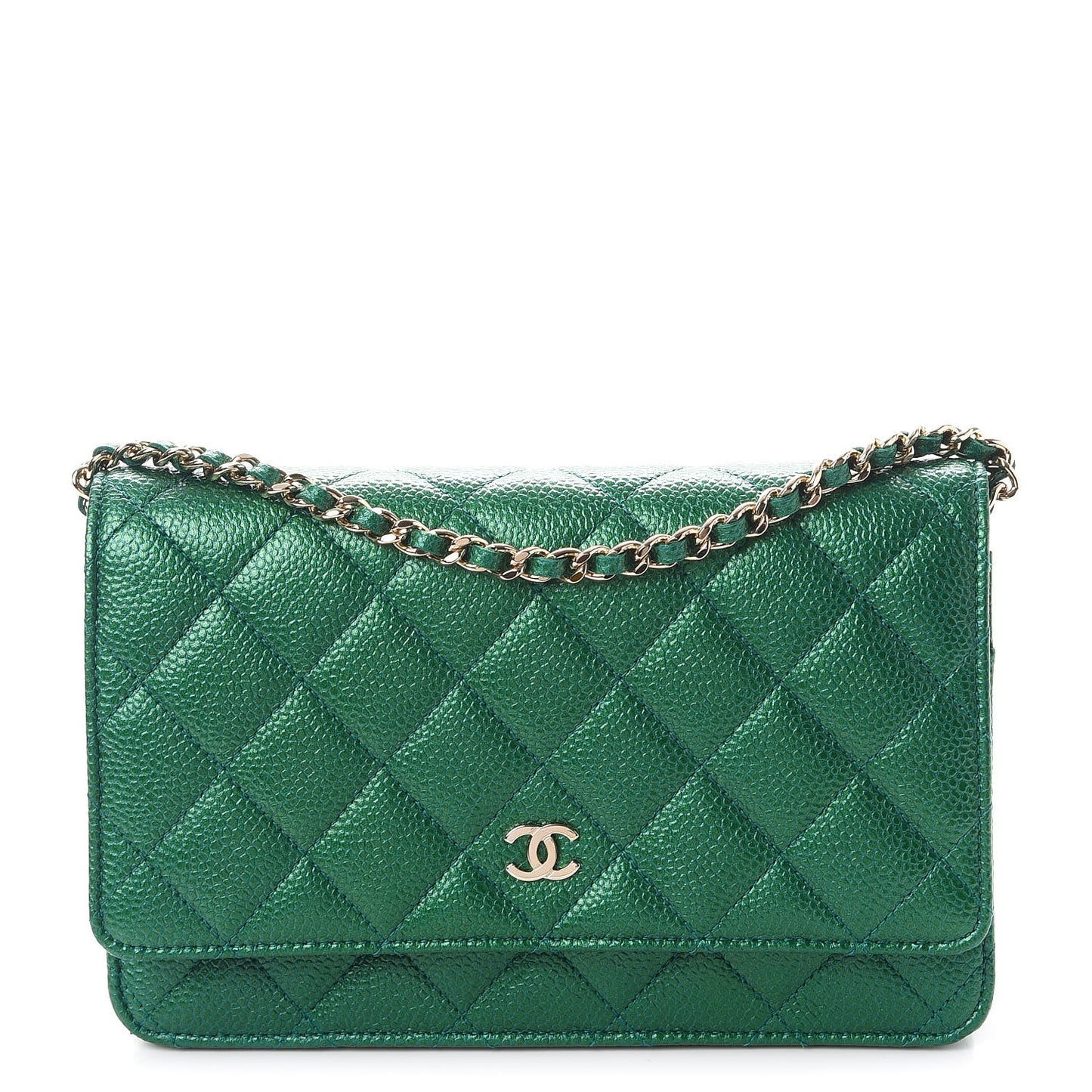 Metallic Caviar Quilted Wallet On Chain WOC Green