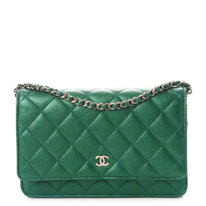 Chanel Metallic Caviar Quilted Wallet On Chain WOC Green 1 of 9