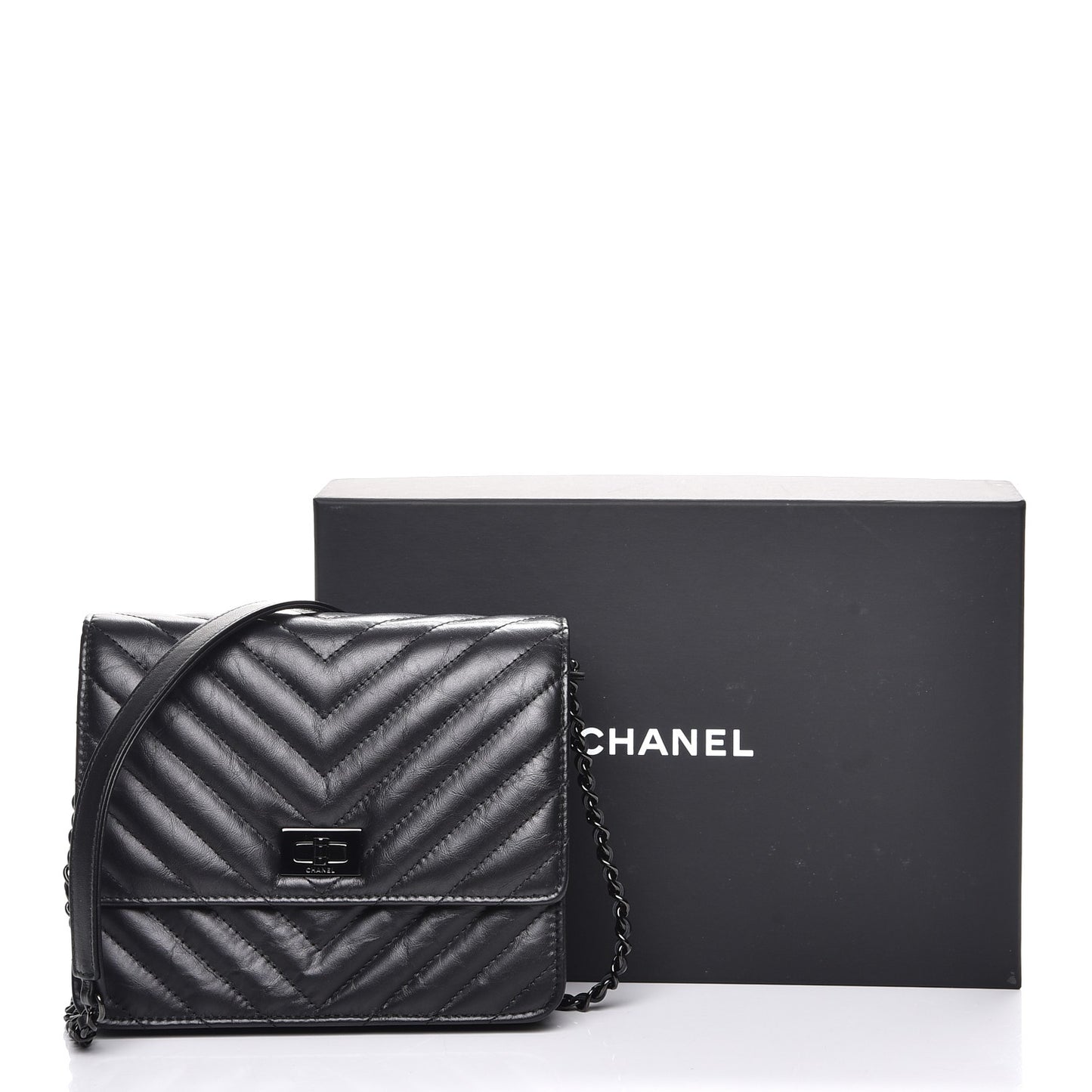 Aged Calfskin Chevron Quilted Reissue 2.55 Square Wallet On Chain WOC So Black