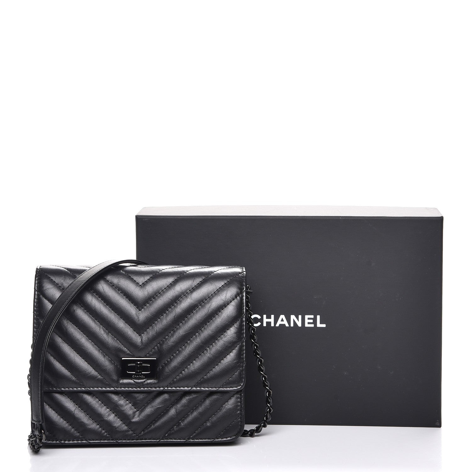 Chanel Aged Calfskin Chevron Quilted Reissue 2.55 Square Wallet On Chain WOC So Black 9 of 9