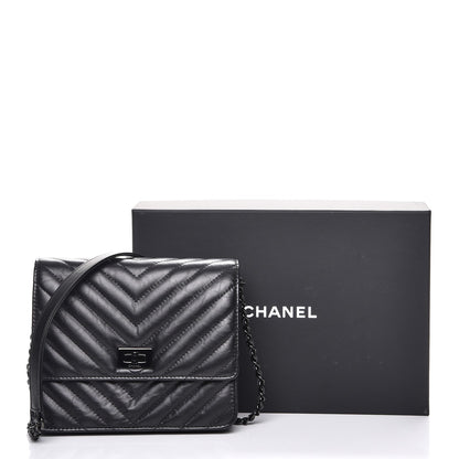 Chanel Aged Calfskin Chevron Quilted Reissue 2.55 Square Wallet On Chain WOC So Black 9 of 9