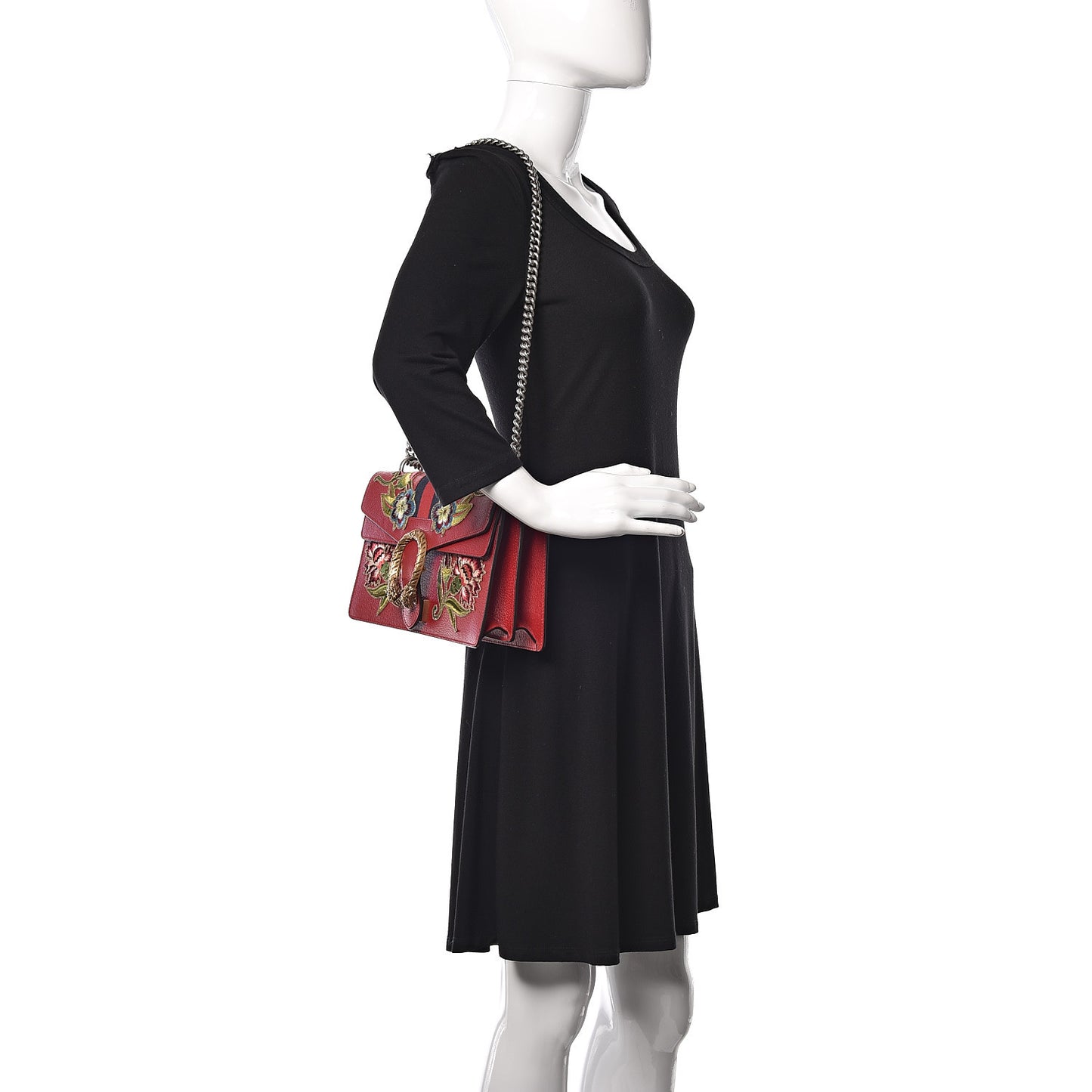 Calfskin Web Floral Embroidered Small Dionysus Shoulder Bag Hibiscus Red