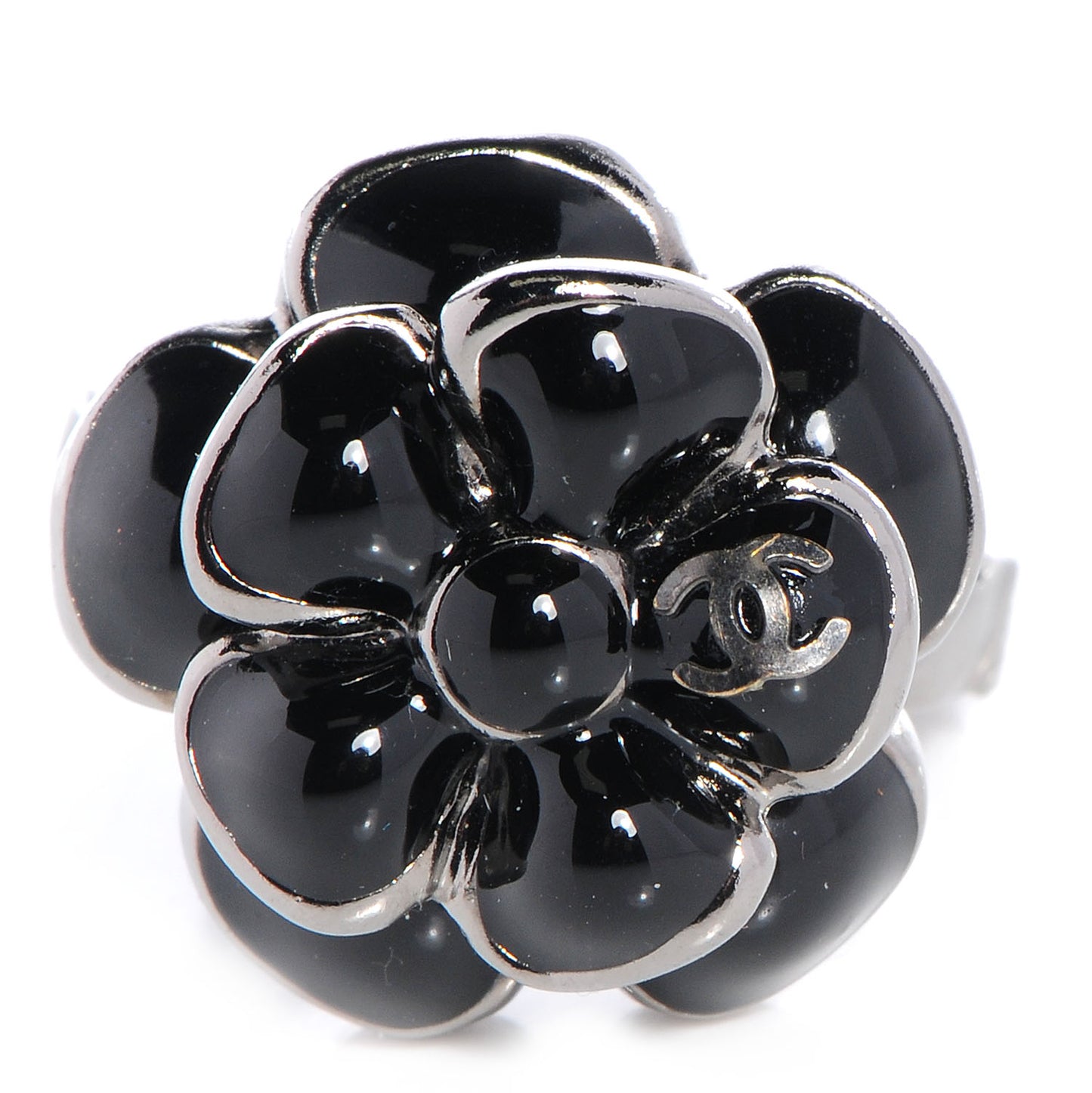 Enamel CC Camellia Ring Size 6.5 Black Silver