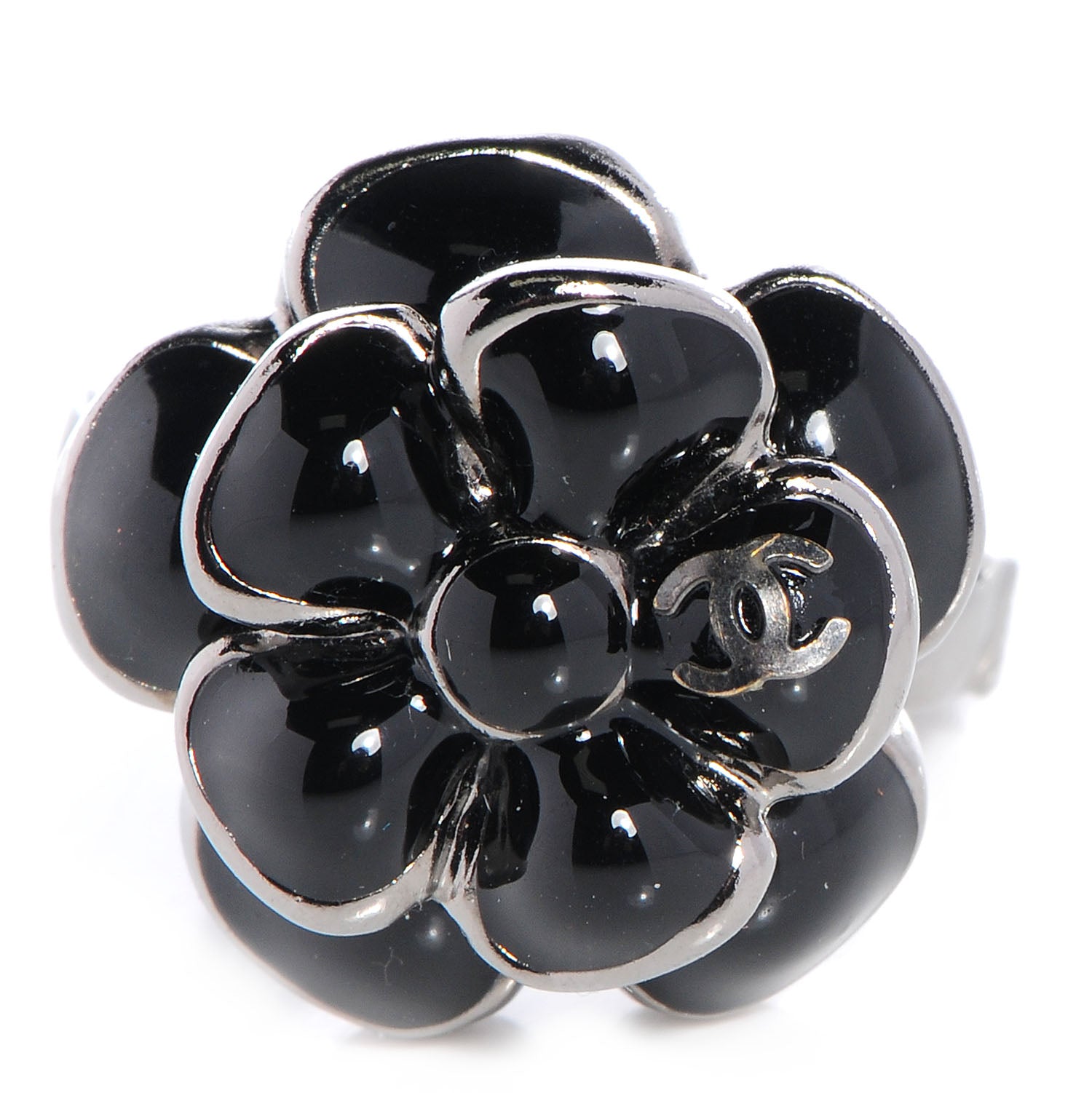 Chanel Enamel CC Camellia Ring Size 6.5 Black Silver 1 of 4
