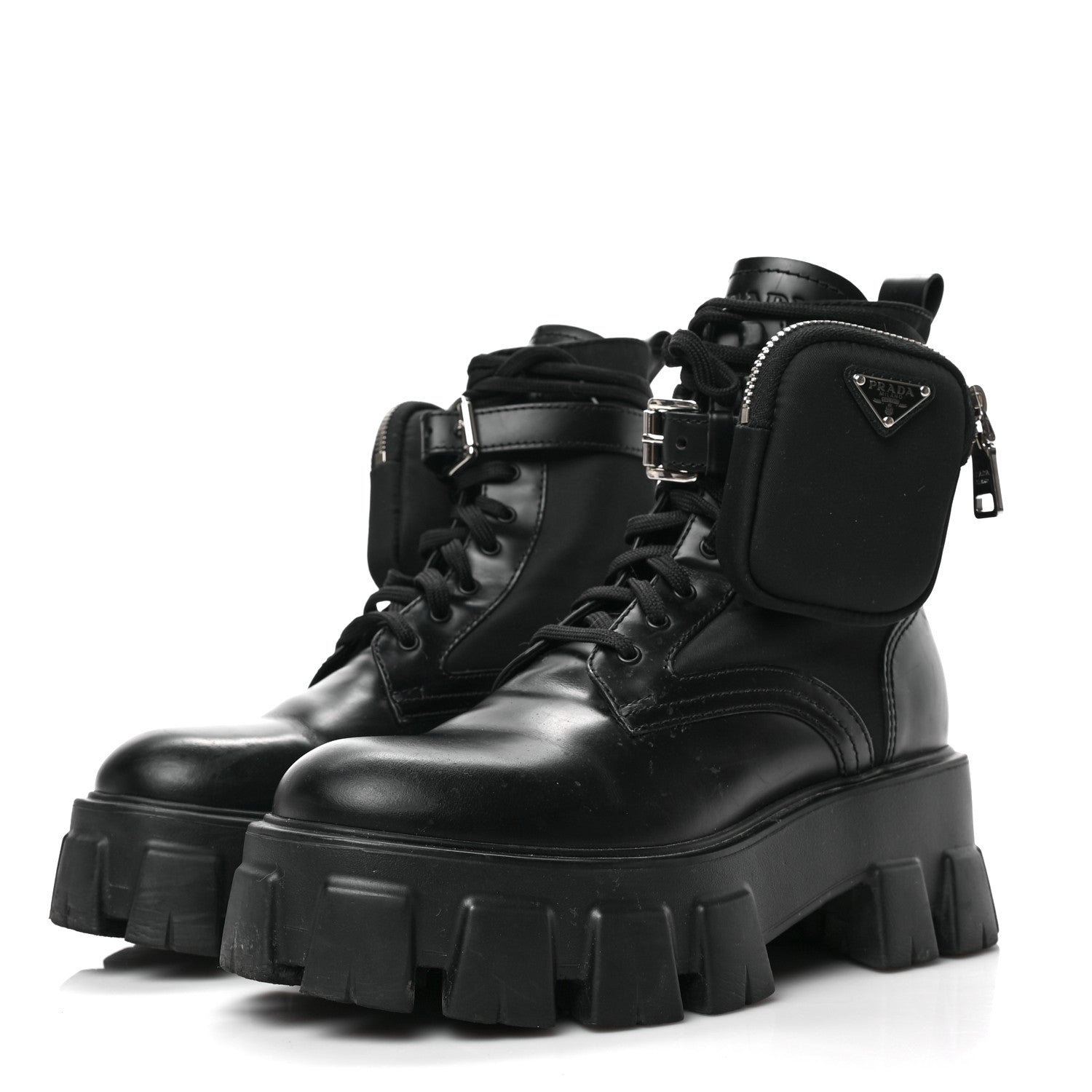 Prada Spazzolato Rois Re-Nylon Metal Triangle Logo Monolith Pouch Pocket 55mm Boots 37 Black 3 of 6