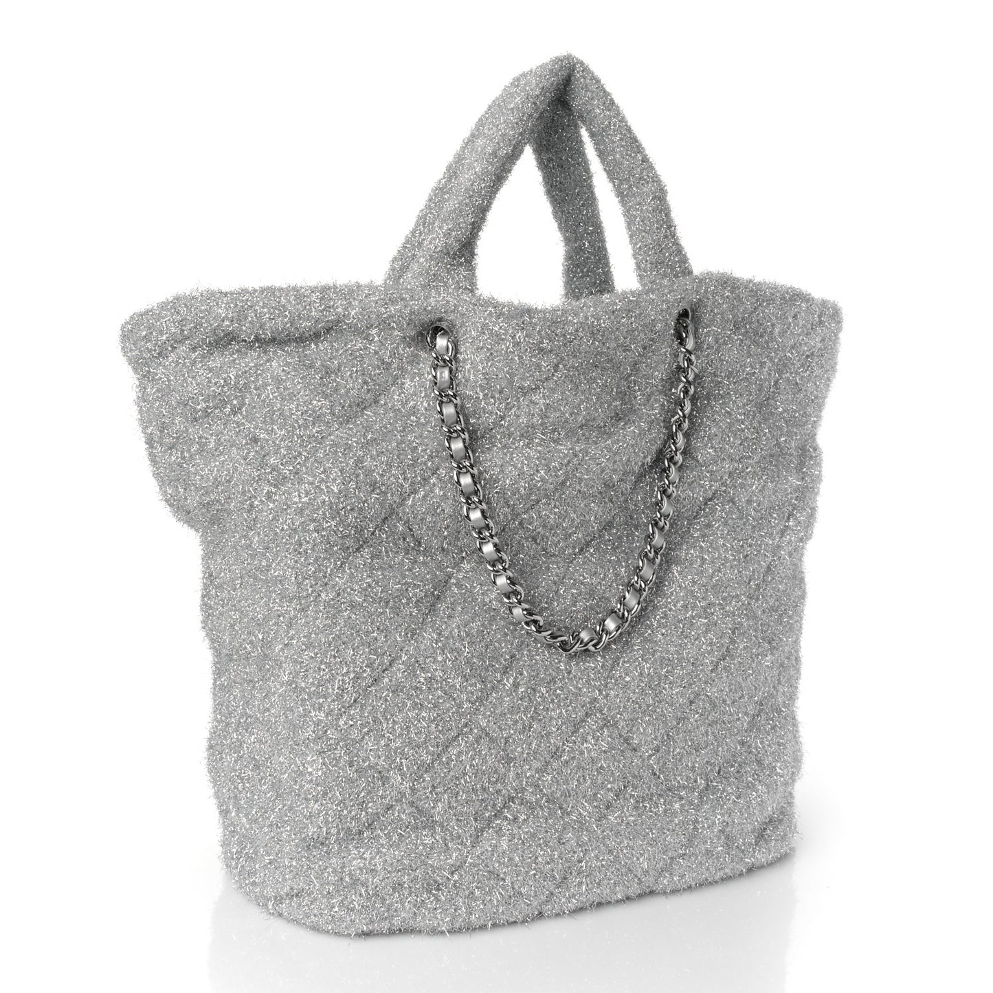 Knit Metallic Lambskin Large Shopping Tote Silver
