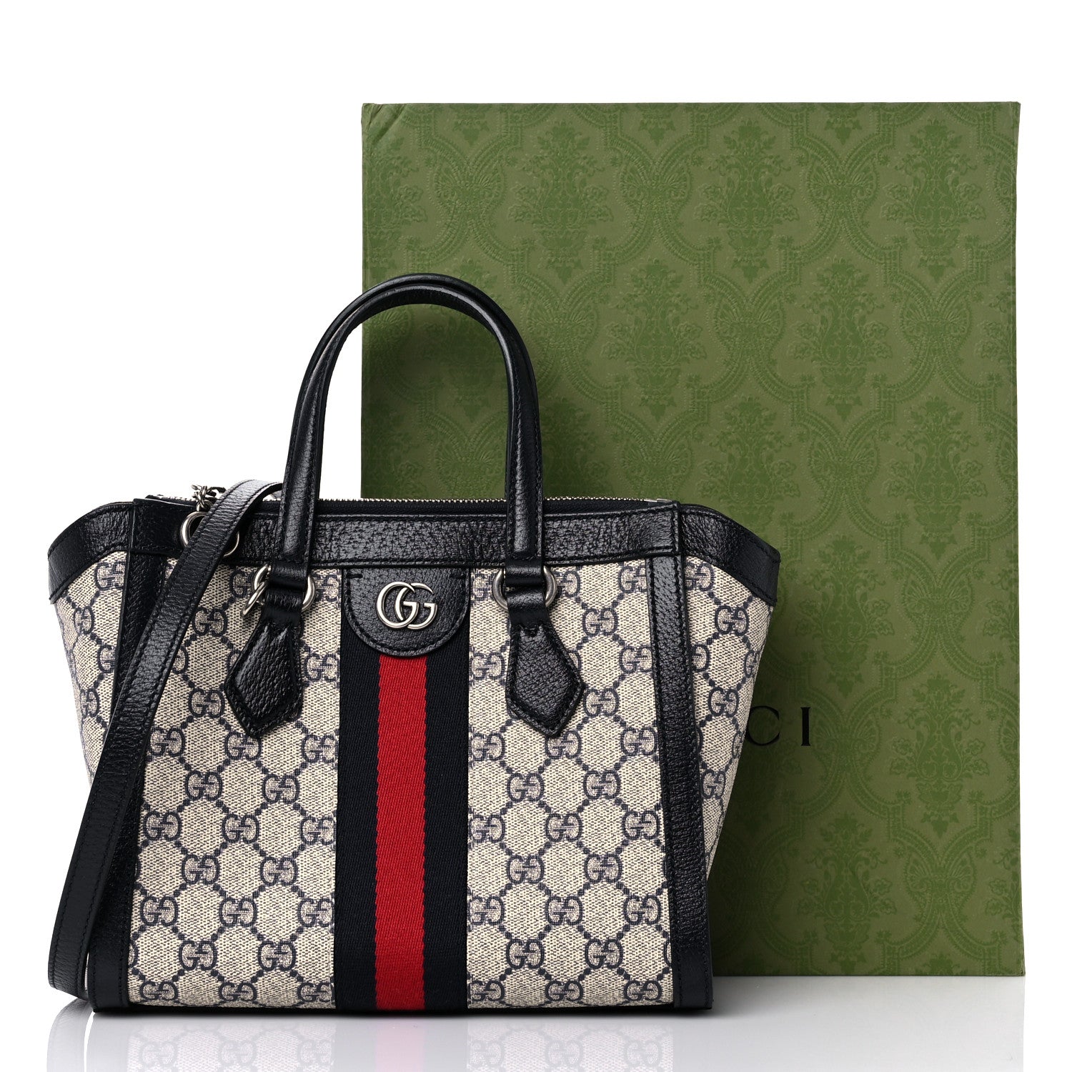 Gucci GG Supreme Monogram Textured Dollar Calfskin Web Small Ophidia Tote Bag Beige Blue 11 of 11