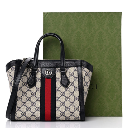 Gucci GG Supreme Monogram Textured Dollar Calfskin Web Small Ophidia Tote Bag Beige Blue 11 of 11