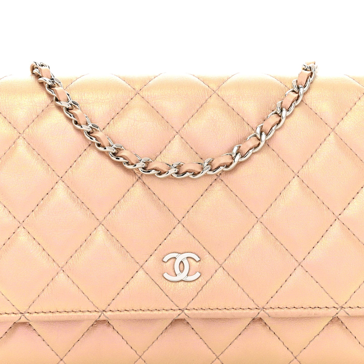 Iridescent Calfskin Quilted Wallet on Chain WOC Pink