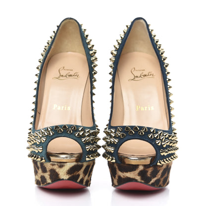Christian Louboutin Veau Velours Calf Hair Leopard Lady Peep Spikes VIP 150 Pumps 35.5 Blue Khol Bronze 2 of 10