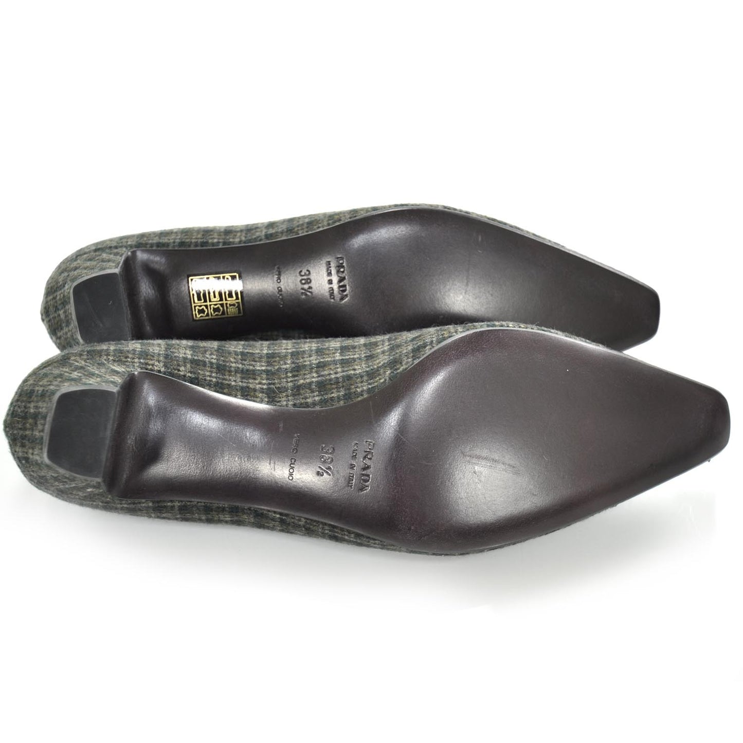 Wool Calfskin Crocodile Embossed Plaid Kitten Heels 38.5