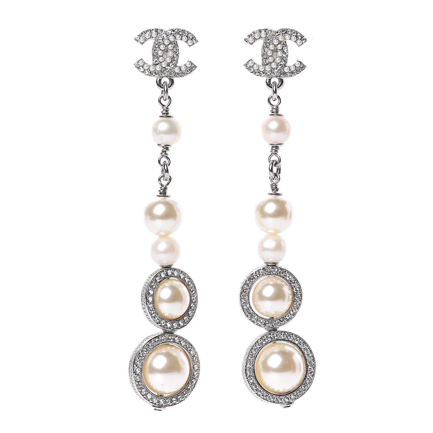 Chanel Crystal Pearl CC Drop Earring Silver 1 of 5