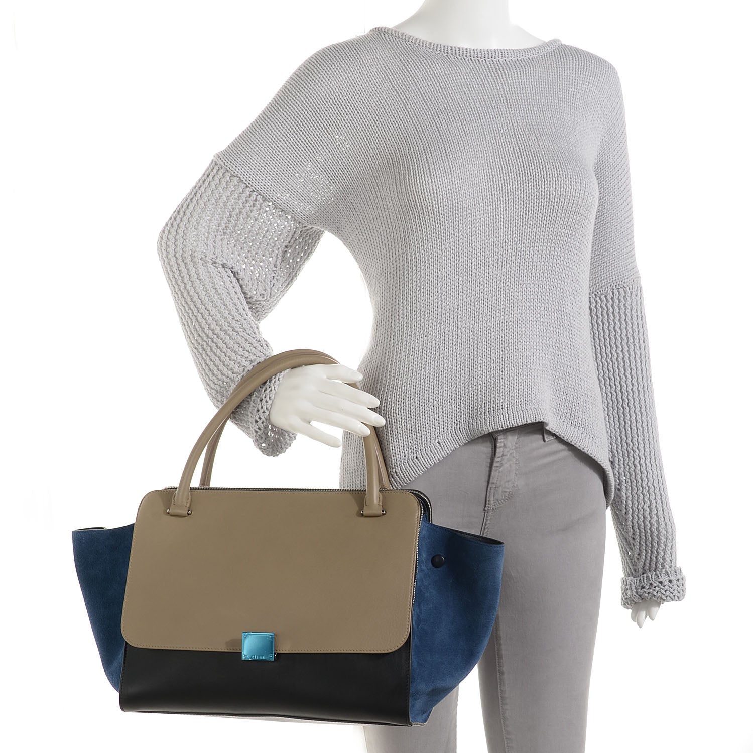 Celine Calfskin Suede Tri-Color Double Zip Trapeze Sand 2 of 9