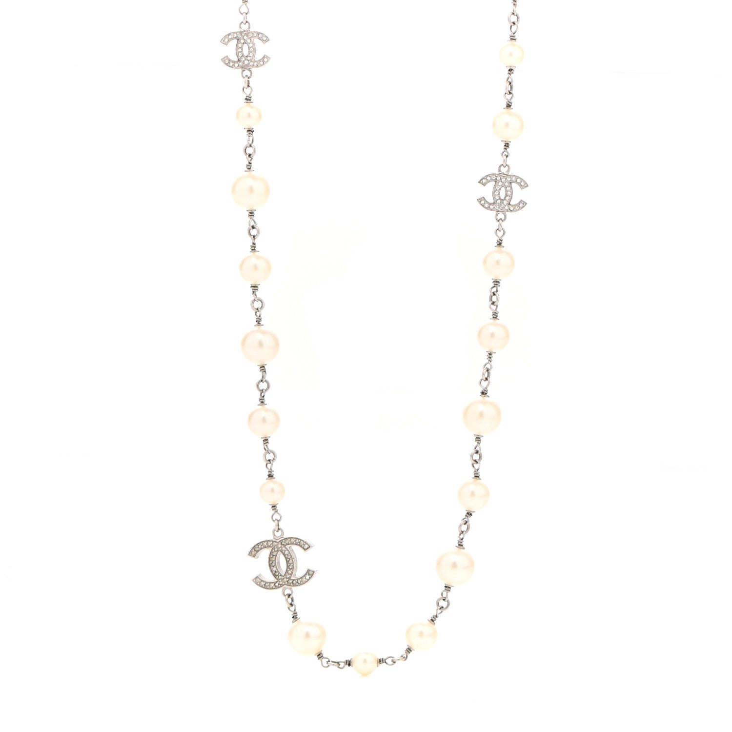 Chanel Graduated Pearl Crystal CC Long Necklace Silver 1 of 6