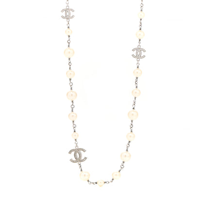 Chanel Graduated Pearl Crystal CC Long Necklace Silver 1 of 6