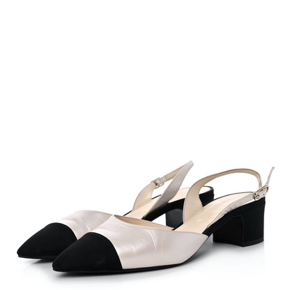 Chanel Metallic Calfskin Grosgrain Cap Toe CC Slingback Pumps 39.5 Ivory Black 3 of 9