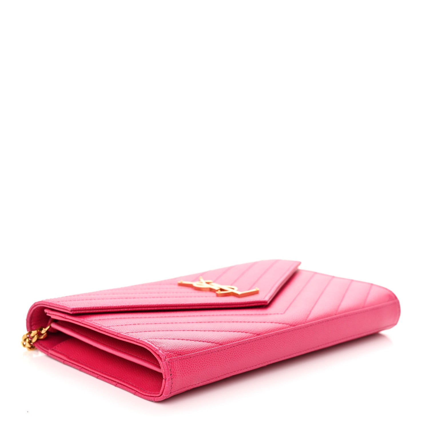 Saint Laurent Grain De Poudre Matelasse Chevron Monogram Chain Wallet Hot Pink 4 of 10