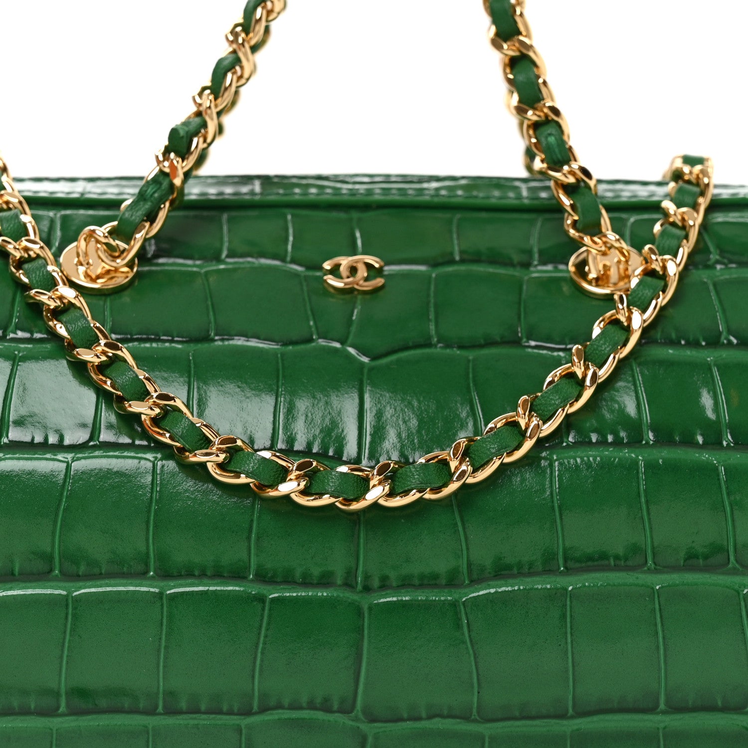 Chanel Calfskin Crocodile Embossed Mini Bowling Clutch With Chain Green 8 of 11