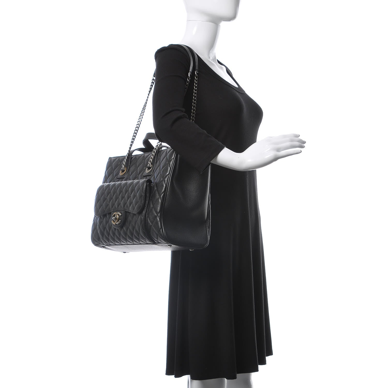 Chanel Metallic Grained Calfskin Quilted Large Casual Pocket Tote Black 2 of 12