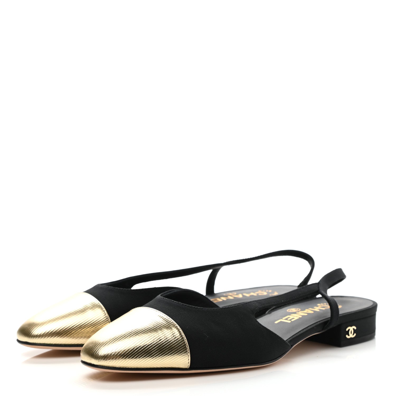 Chanel Laminated Lambskin Grosgrain Cap Toe CC Slingback Flats 37.5 Black Gold 3 of 8