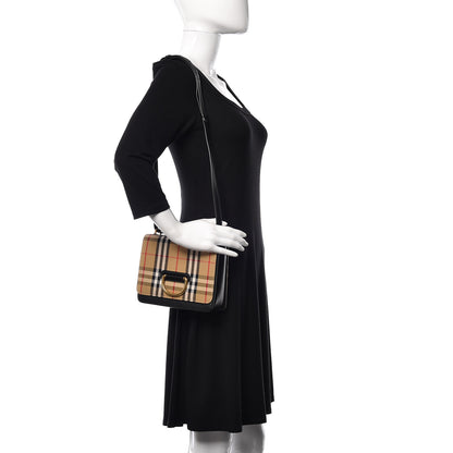 Burberry Goatskin Cotton Canvas Vintage Check Small D-Ring Bag Black Antique Yellow 2 of 17