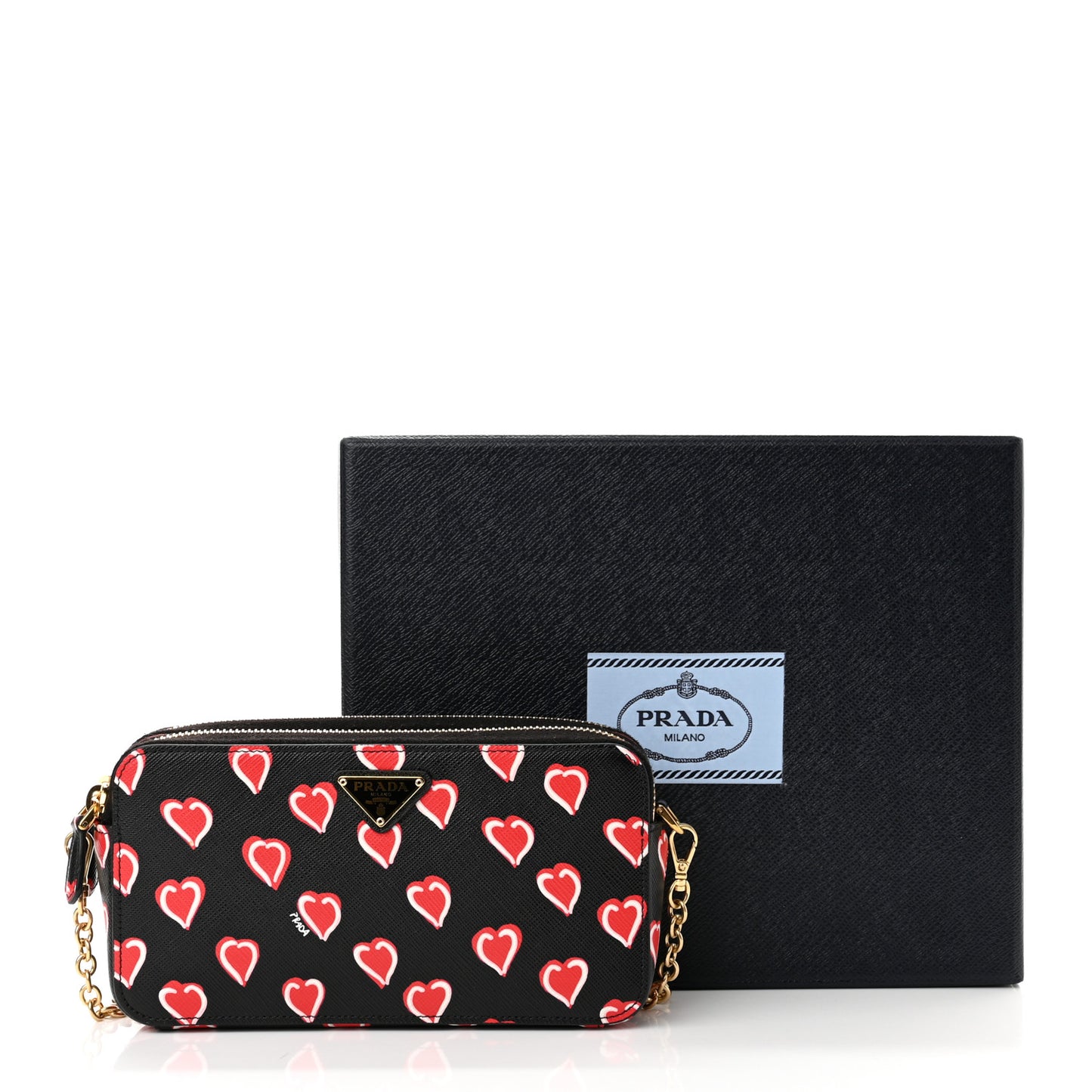 Saffiano Heart Print Mini Double Zip Chain Crossbody Bag Black