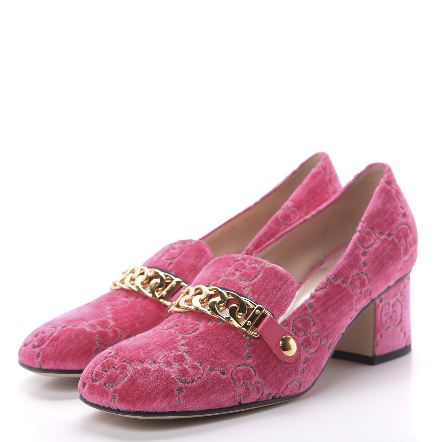 Gucci Velvet GG Monogram Sylvie Web Chain Mid Heel Loafers 40 Bright Pink 3 of 11