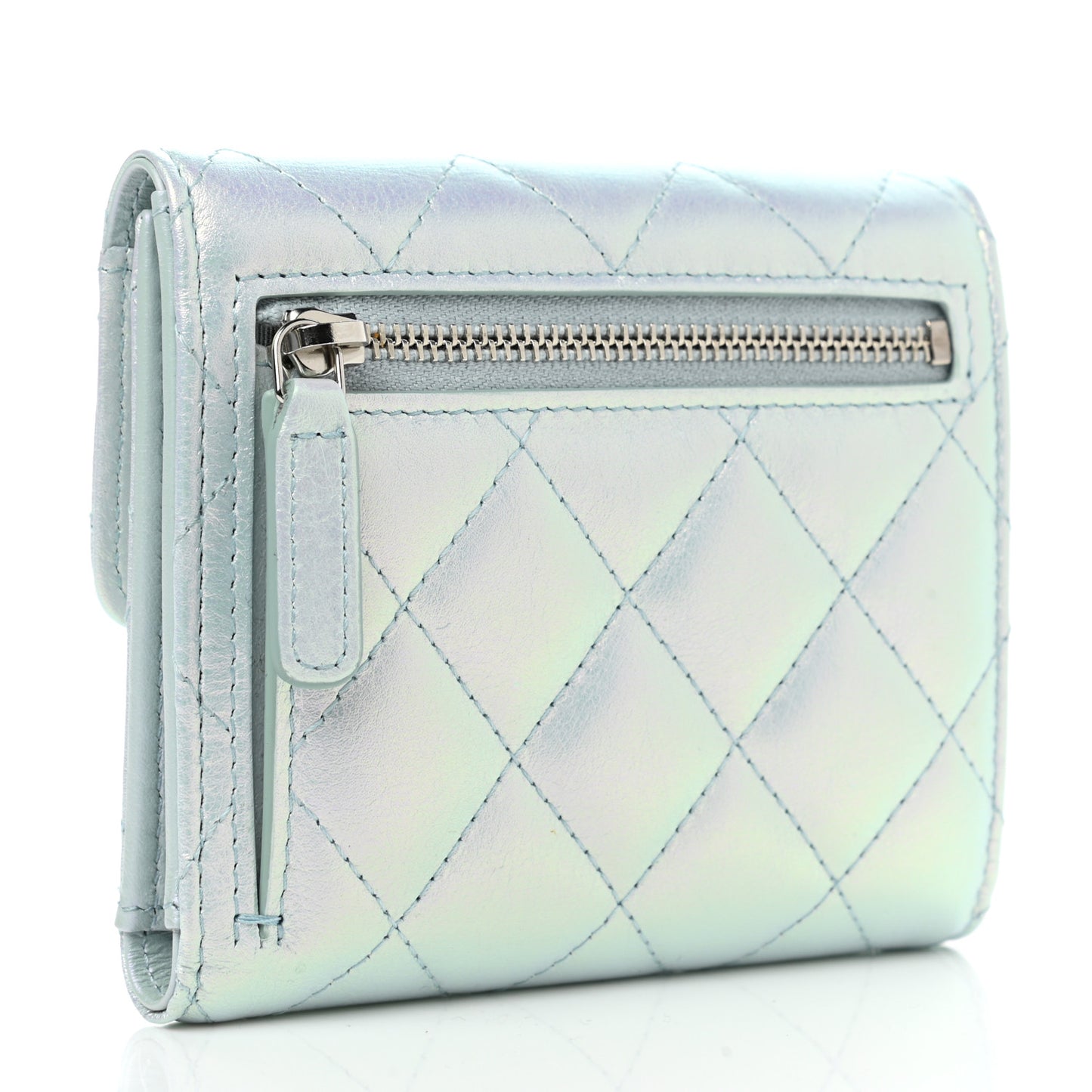 Iridescent Calfskin Quilted Compact Flap Wallet Light Blue