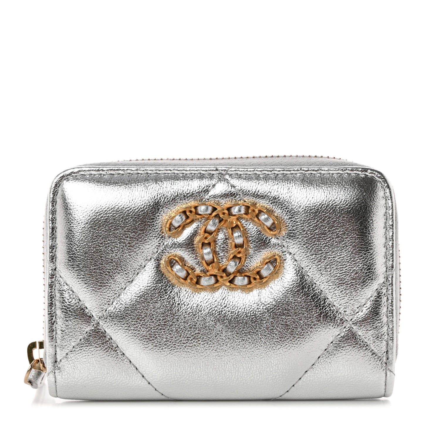 Metallic Lambskin Quilted Chanel 19 Zip Around Coin Purse Wallet Silver
