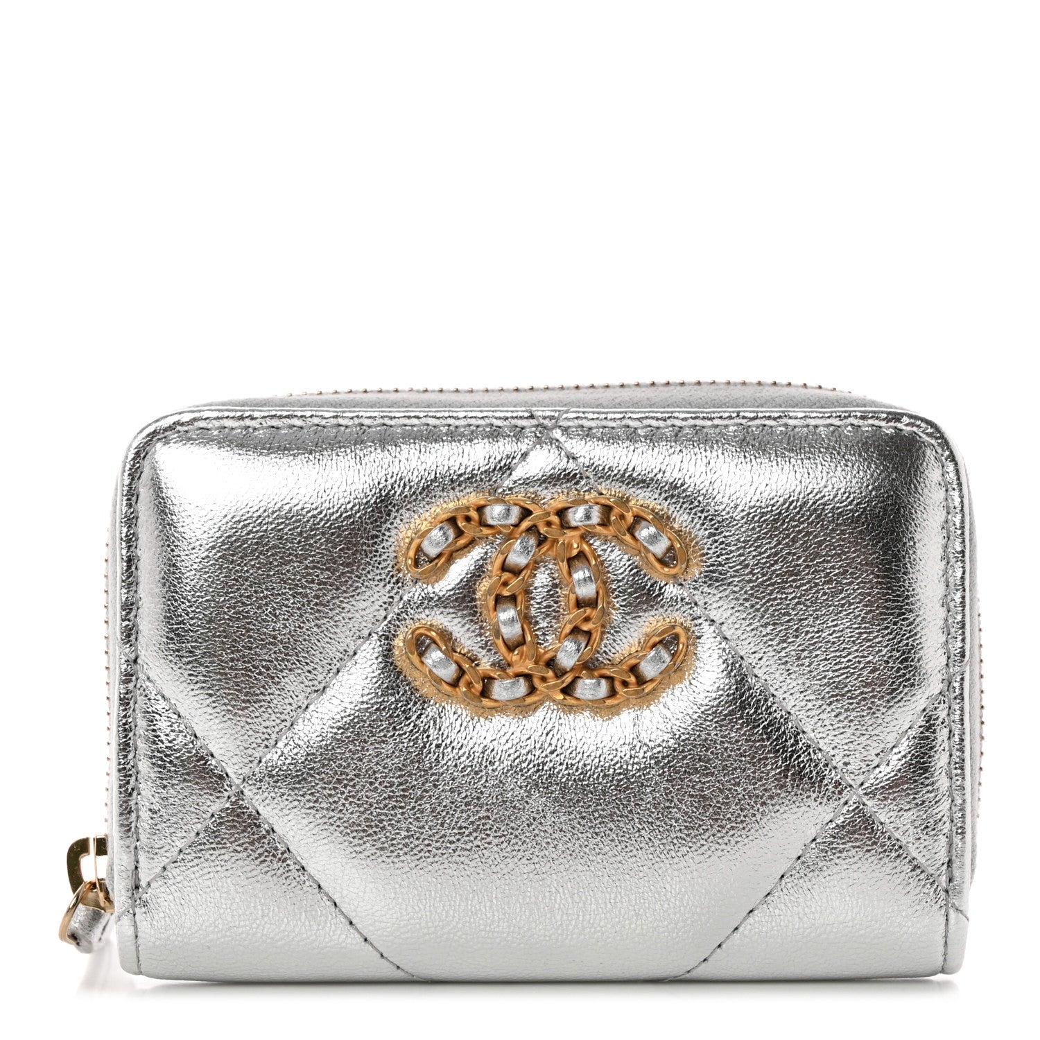Chanel Metallic Lambskin Quilted Chanel 19 Zip Around Coin Purse Wallet Silver 1 of 7