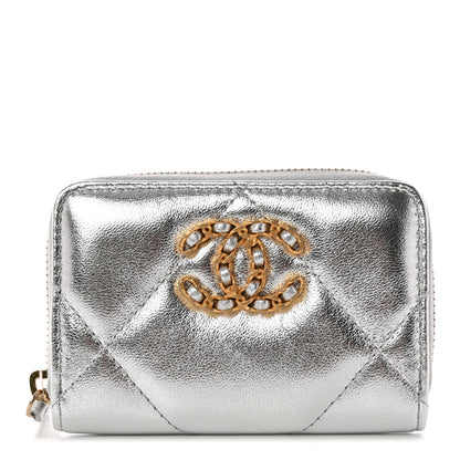 Chanel Metallic Lambskin Quilted Chanel 19 Zip Around Coin Purse Wallet Silver 1 of 7