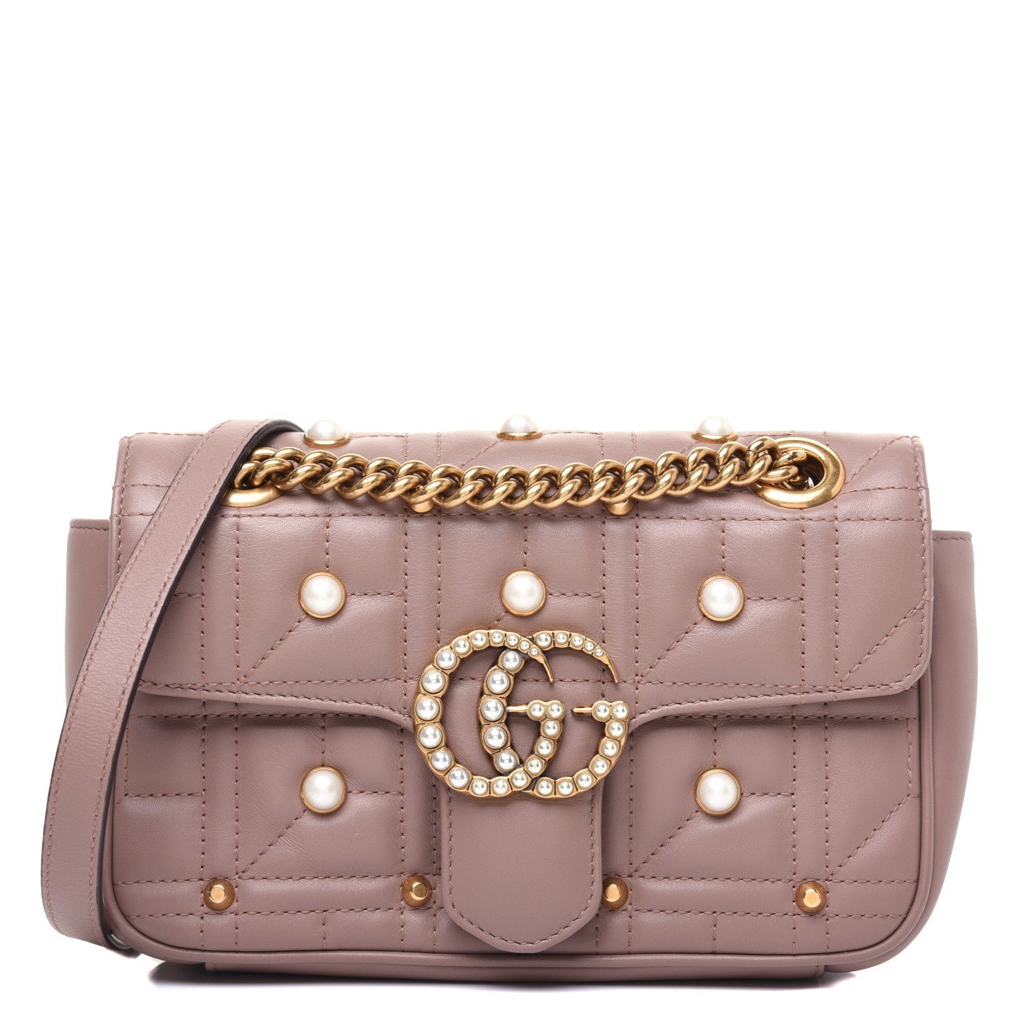 Gucci Calfskin Matelasse Studded Mini Pearly GG Marmont Shoulder Bag Porcelain Rose 1 of 14