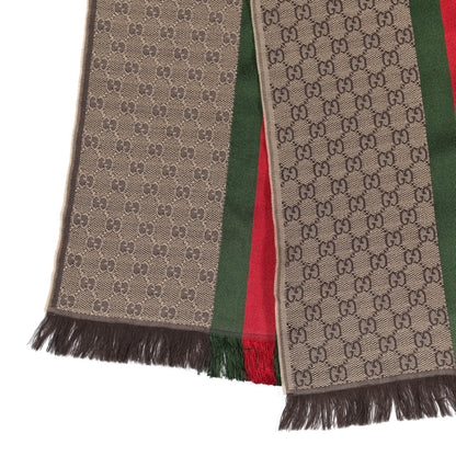 Gucci Wool Silk GG Monogram Web Verbier Fringe Scarf Light Brown Dark Green 3 of 5
