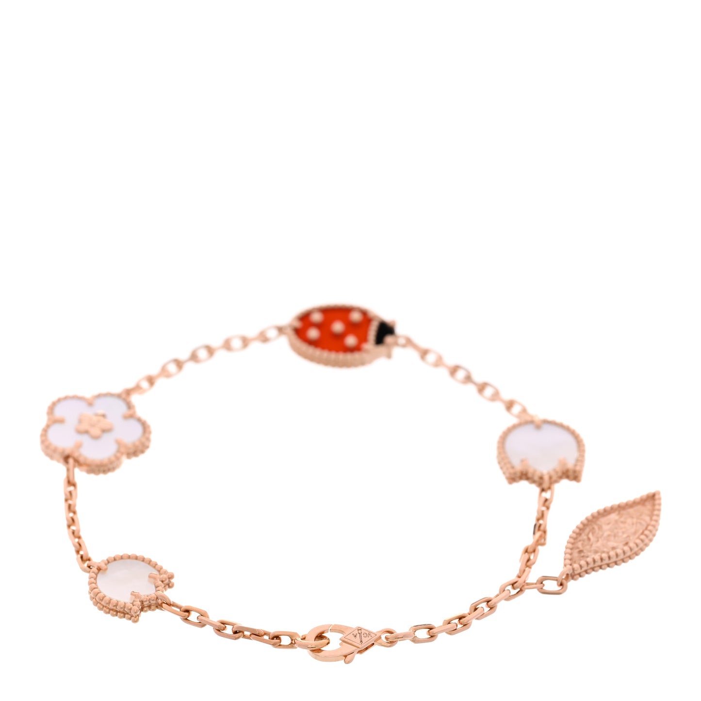 18K Rose Gold Carnelian Mother of Pearl Onyx 5 Motifs Lucky Spring Bracelet
