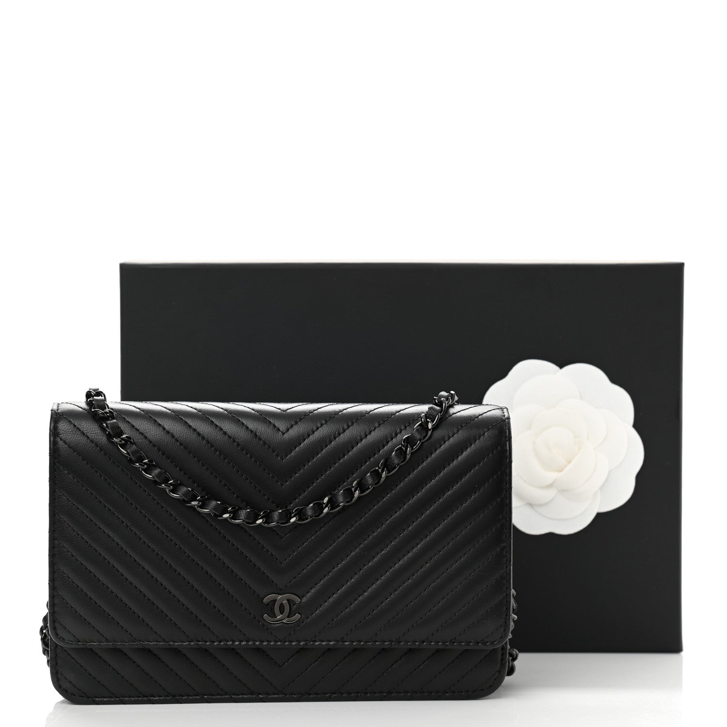 Chanel Lambskin Chevron Quilted Wallet On Chain WOC So Black 14 of 14