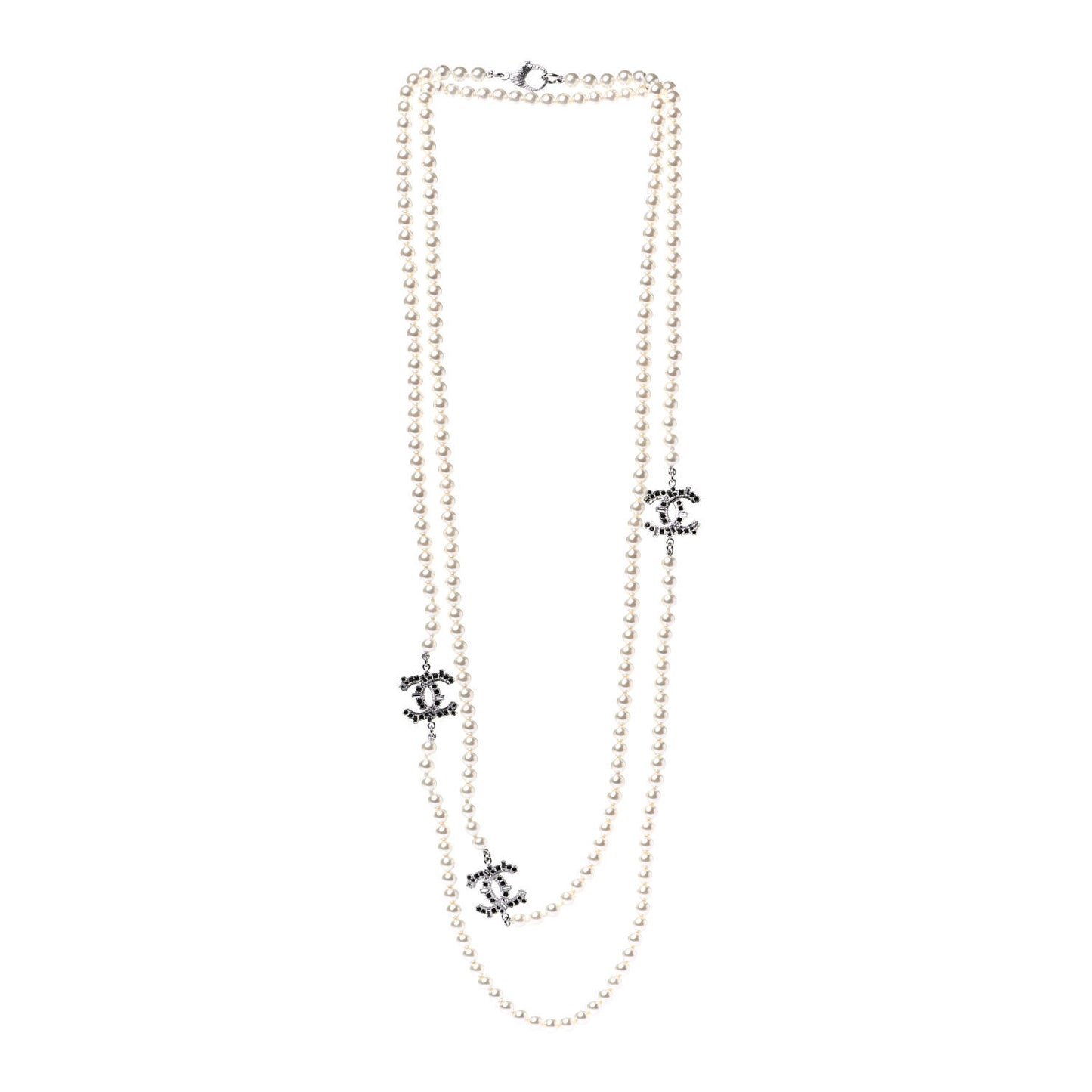 Pearl Baguette Crystal CC Long Necklace Silver Black