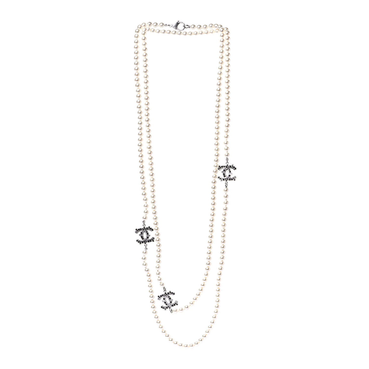 Chanel Pearl Baguette Crystal CC Long Necklace Silver Black 2 of 4
