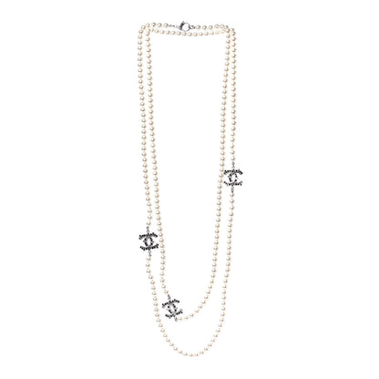 Chanel Pearl Baguette Crystal CC Long Necklace Silver Black 2 of 4