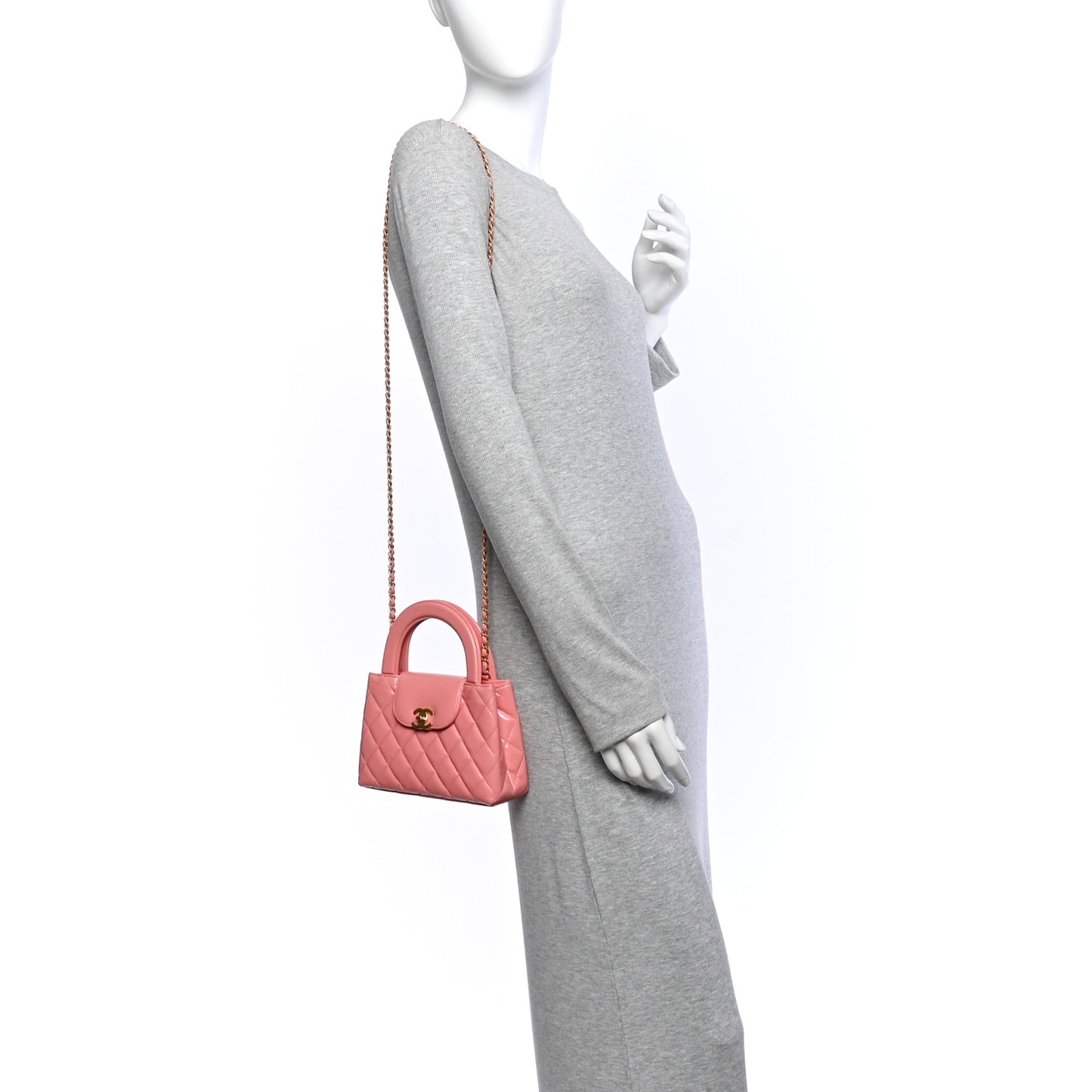 Shiny Aged Calfskin Quilted Nano Kelly Shopper Coral Pink