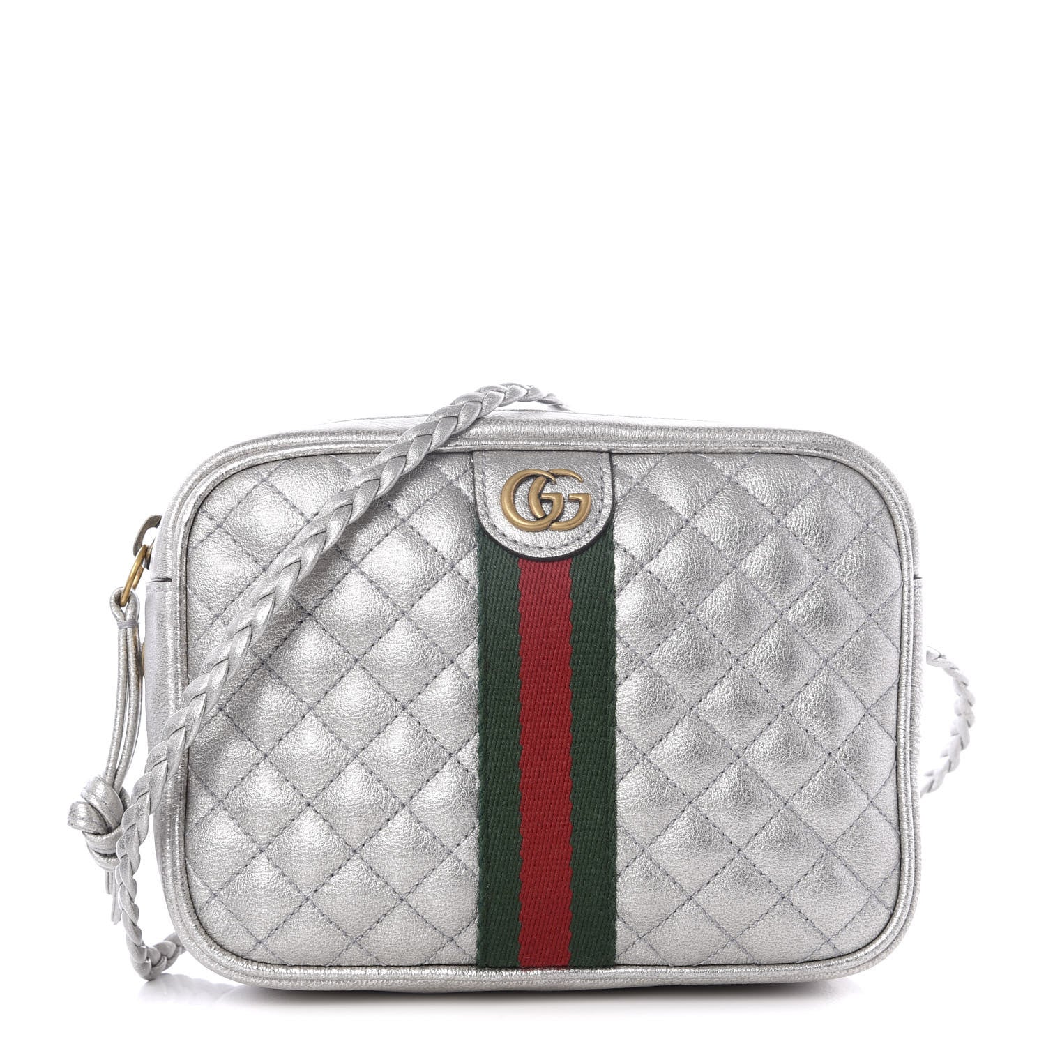 Gucci Laminated Nappa Web Trapuntata Mini GG Shoulder Bag Argento 1 of 10