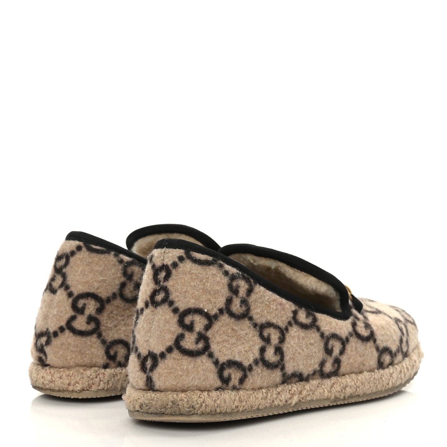 Covered Wool GG Monogram Womens Fria Horsebit Loafers 37.5 Beige Ebony Black Butterscotch