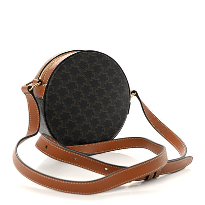 Celine Lambskin Triomphe Canvas Round Purse On Strap Black Tan 3 of 10